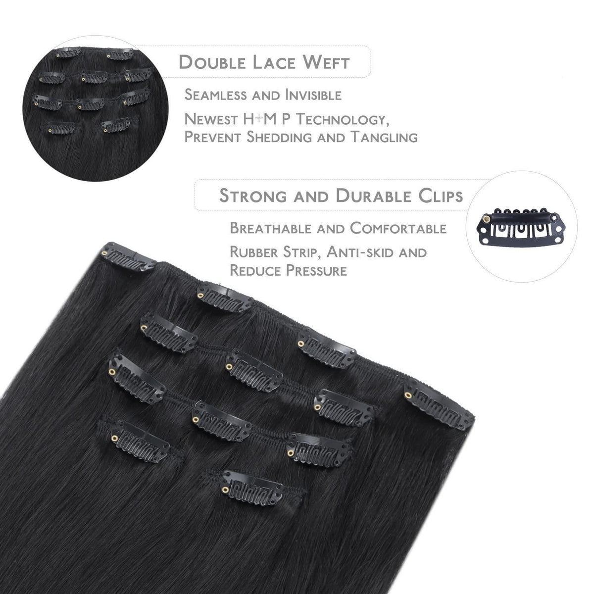 Clip in Echthaar Extensions Schwarz 50cm - 80g