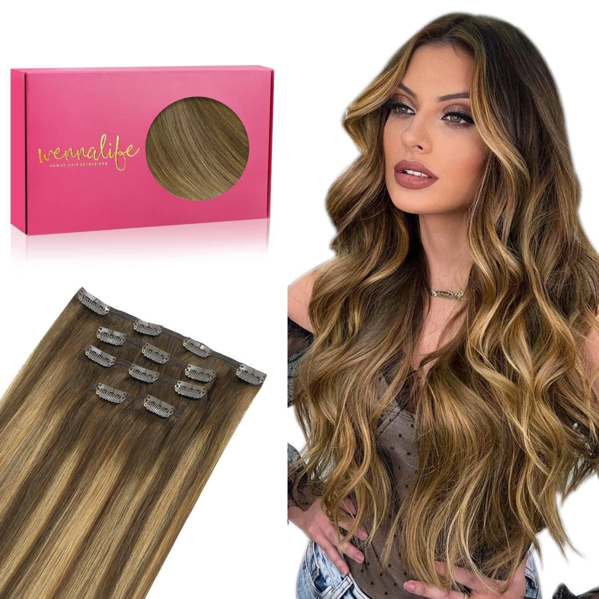 Clip-in Haarverlängerung Echthaar Balayage Schoko-Karamell