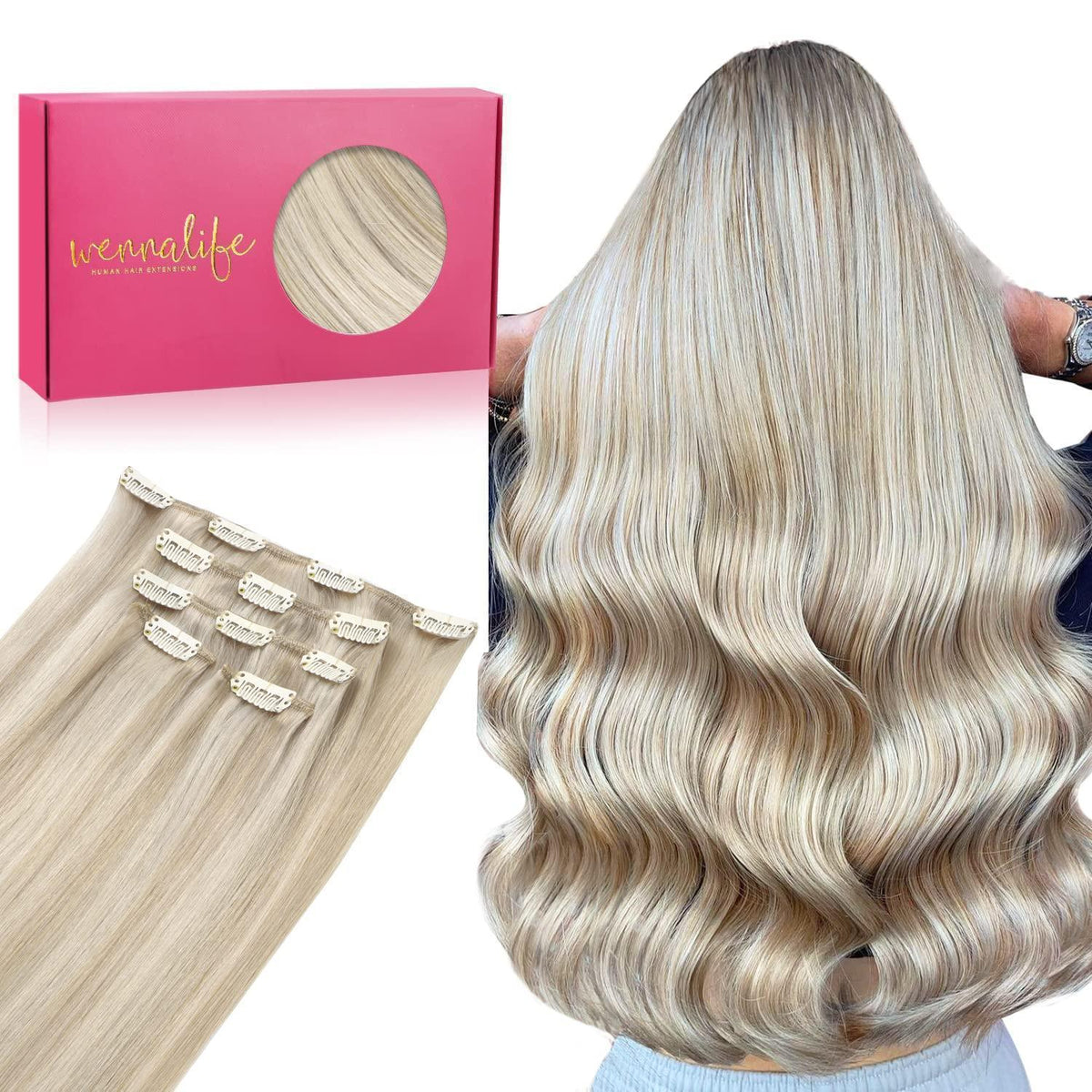 Echthaar Clip-in Extensions Aschblond Highlights Platinblond 35cm