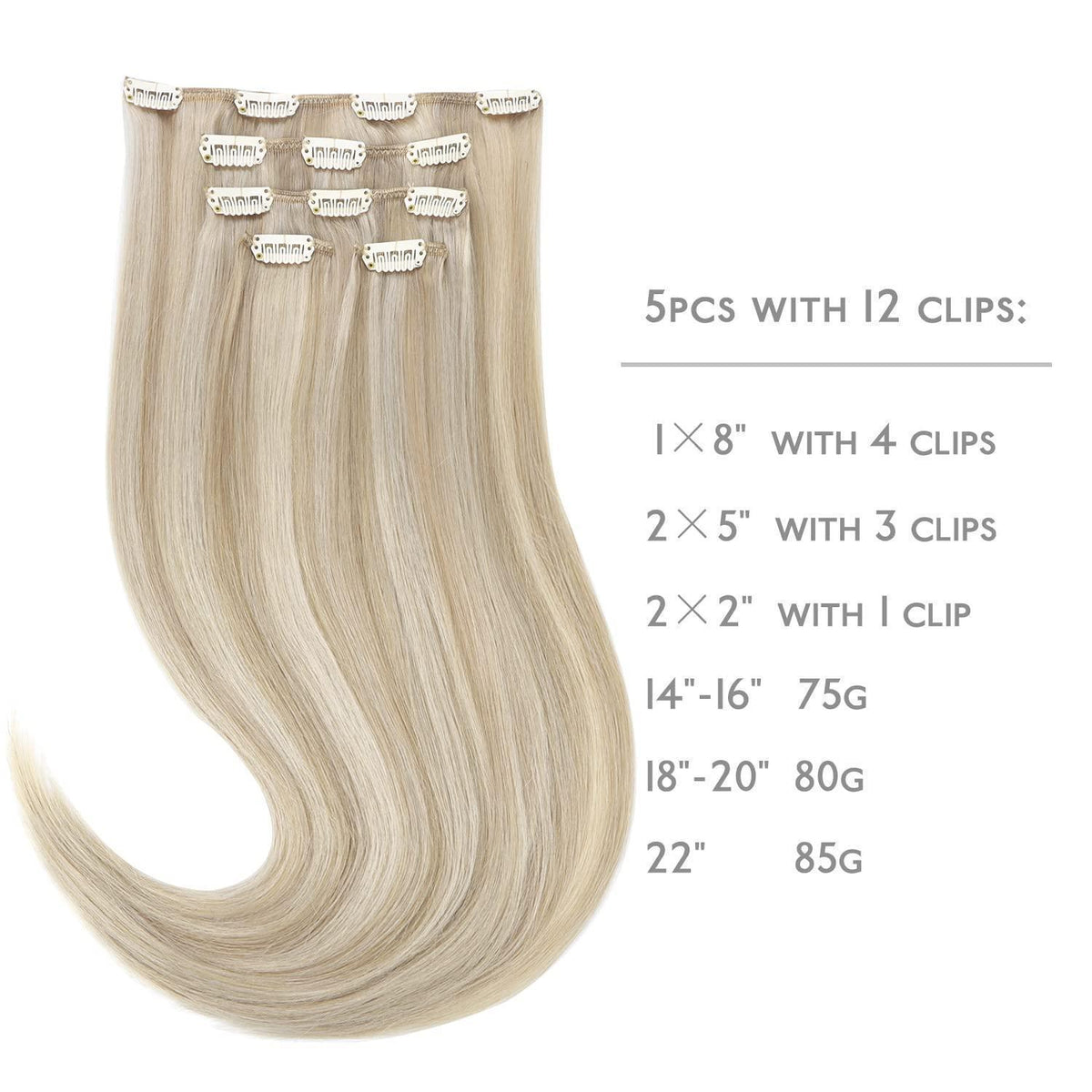 Echthaar Clip-in Extensions Aschblond Highlights Platinblond 35cm