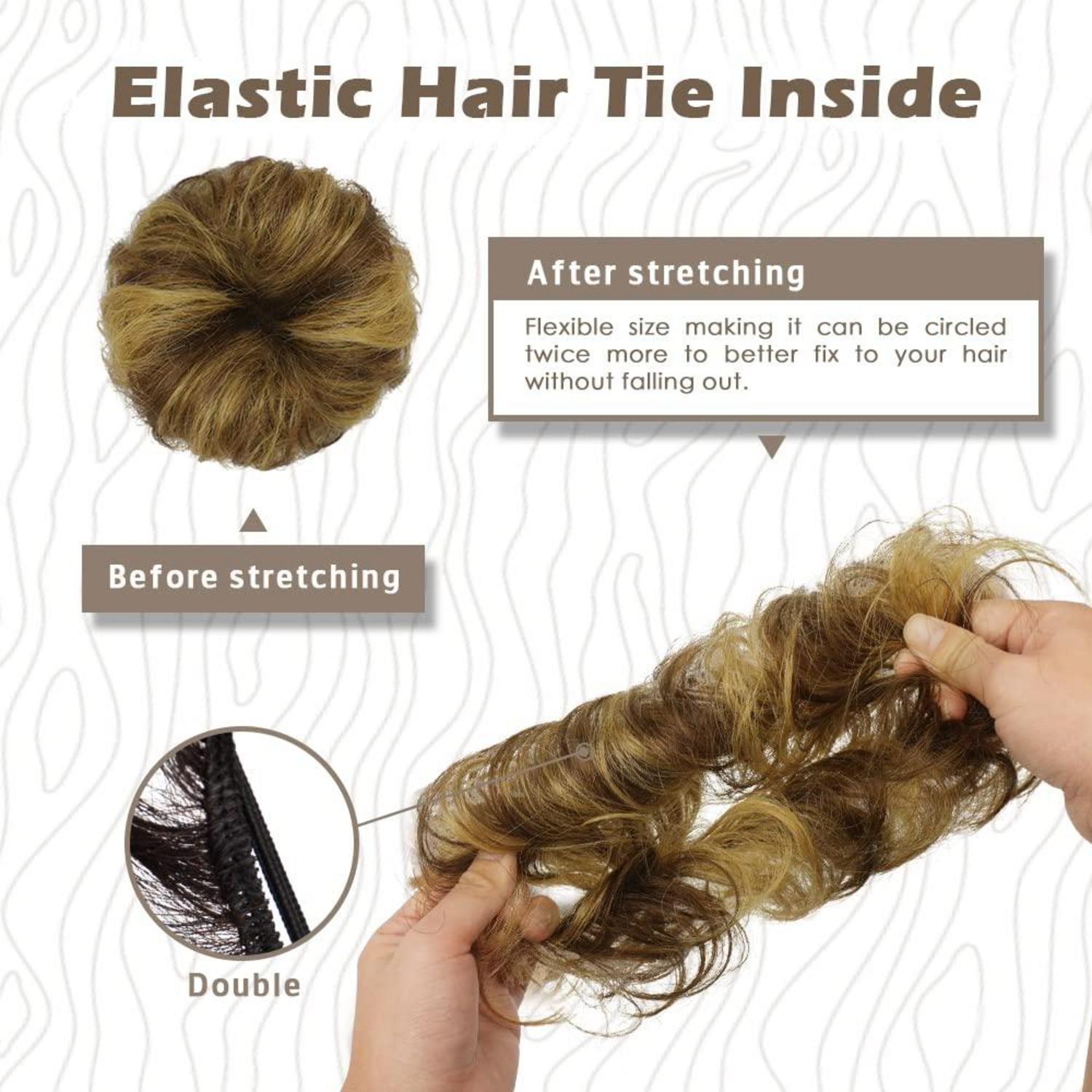 BARSDAR 100% Echthaar Haarteil Haargummi Gelockt Unordentlich Dutt Extensions Hochsteckfrisur 4P27# Braune Mix Blond