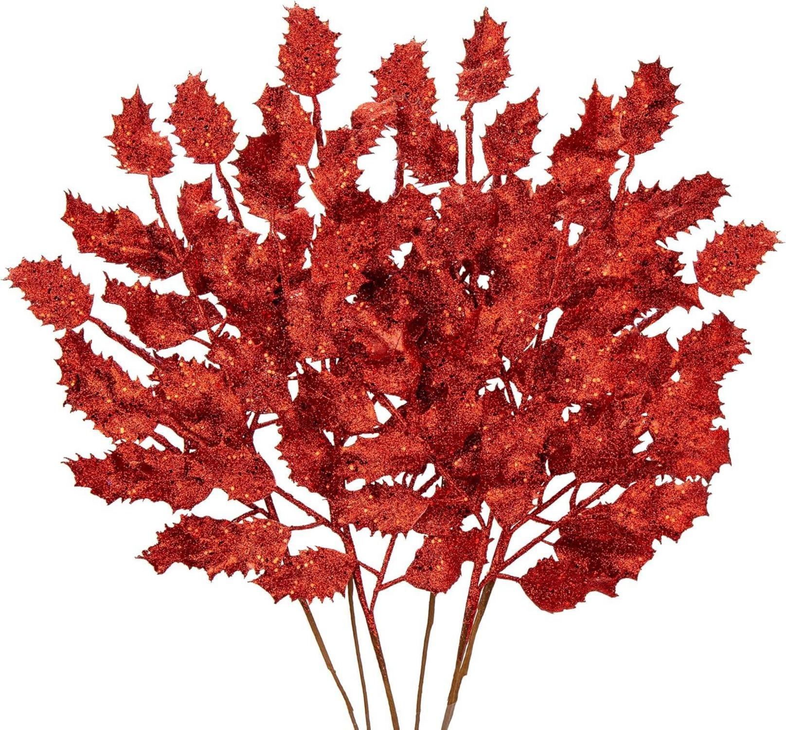 6er Set Kunstzweig Weihnachtsdeko Glitzernde Eichenblätter 58CM Rot