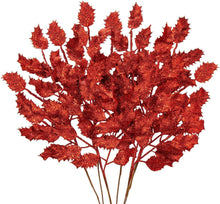 6er Set Kunstzweig Weihnachtsdeko Glitzernde Eichenblätter 58CM Rot