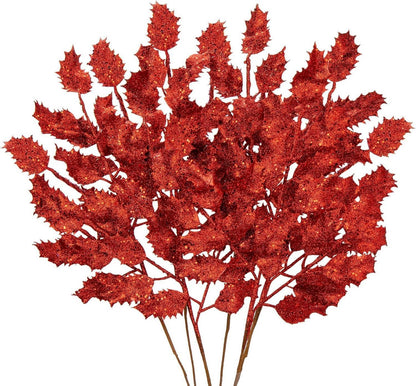 6er Set Kunstzweig Weihnachtsdeko Glitzernde Eichenblätter 58CM Rot
