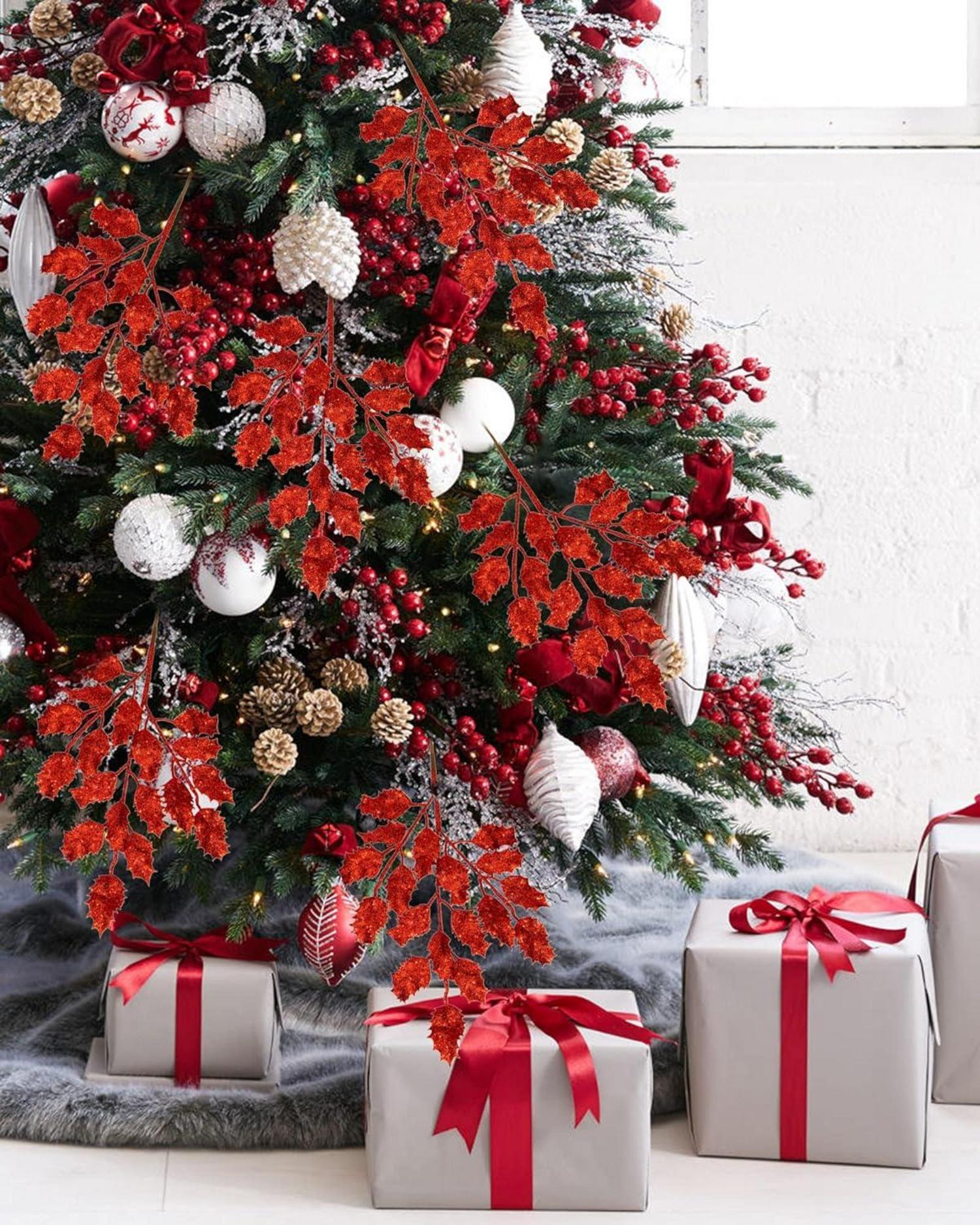 6er Set Kunstzweig Weihnachtsdeko Glitzernde Eichenblätter 58CM Rot