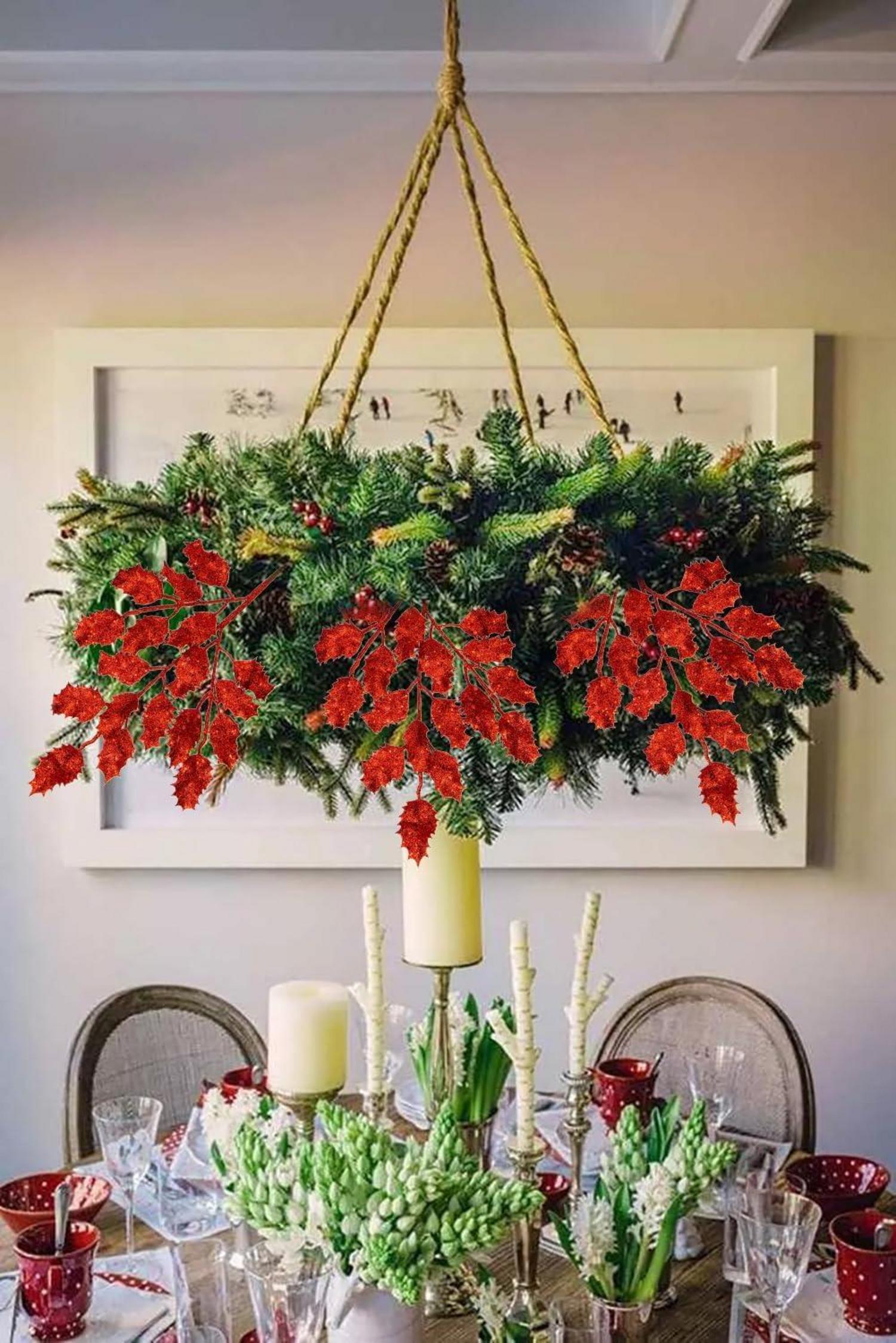 6er Set Kunstzweige Weihnachtsdeko Glitzernde Eichenblätter 58CM Rot