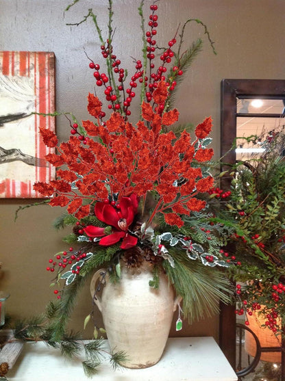 6er Set Kunstzweige Glitzernde Eichenblätter Dekozweig 58cm Rot