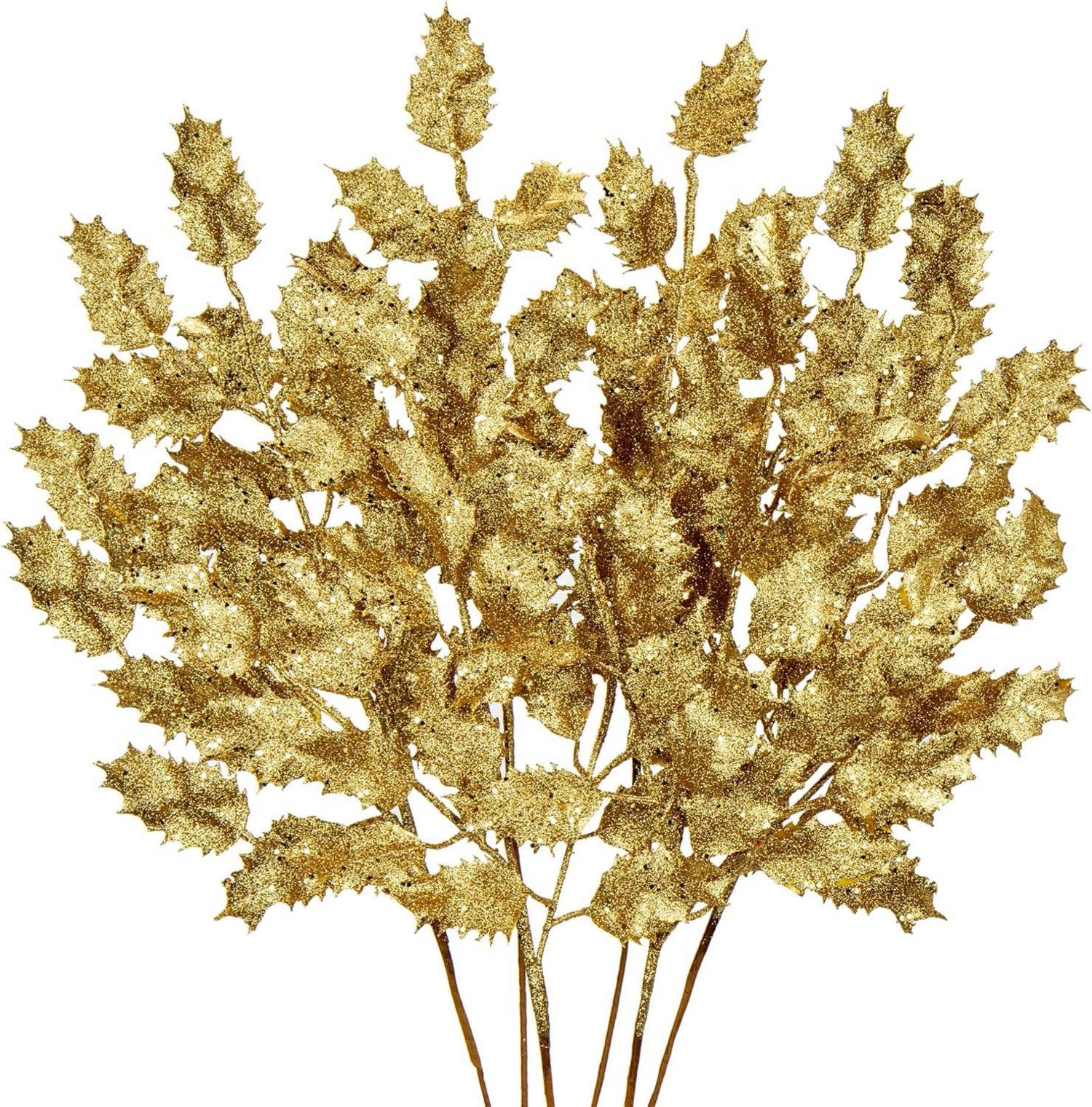 6er Set Kunstzweig Weihnachtsdeko Glitzernde Eichenblätter 58CM Gold