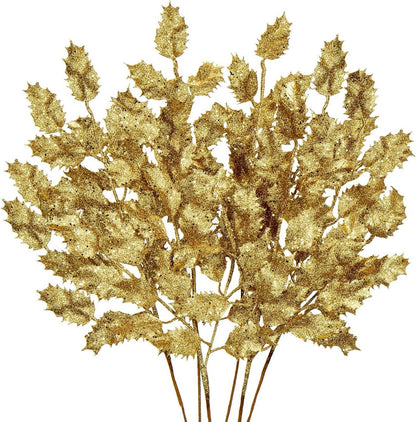 6er Set Kunstzweig Weihnachtsdeko Glitzernde Eichenblätter 58CM Gold