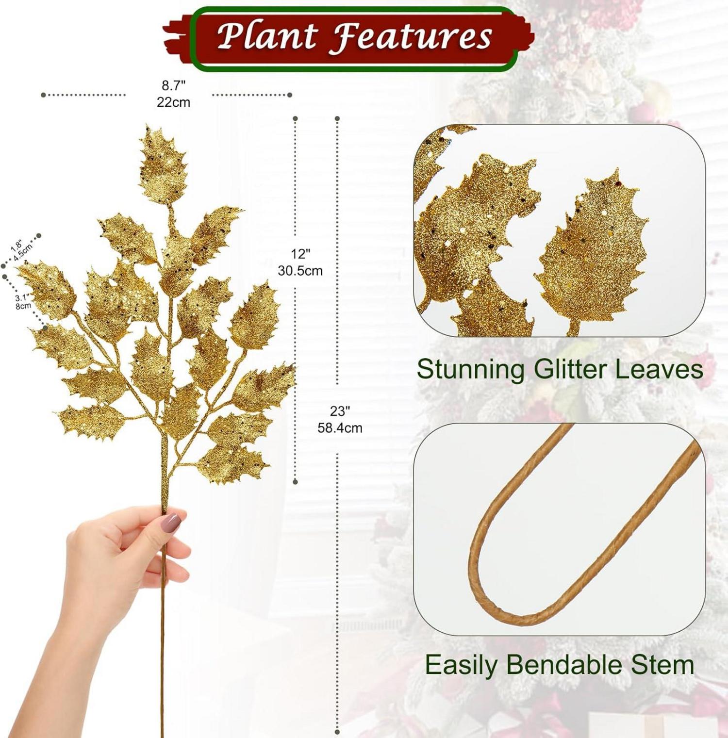 6er Set Weihnachtsdeko Kunstzweige Glitzernde Eichenblätter