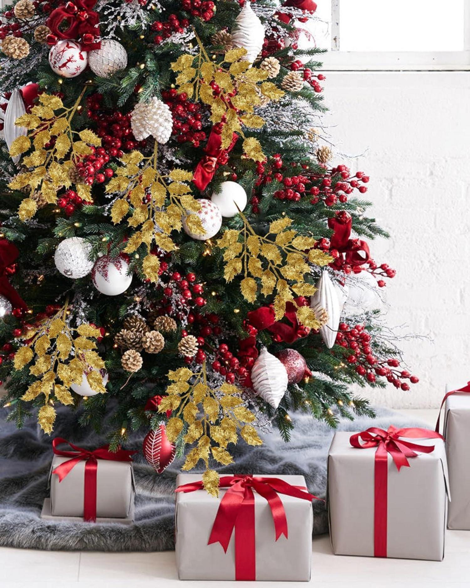 6er Set Kunstzweig Weihnachtsdeko Glitzernde Eichenblätter 58CM Gold