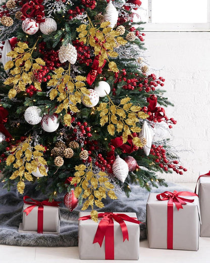 6er Set Kunstzweig Weihnachtsdeko Glitzernde Eichenblätter 58CM Gold