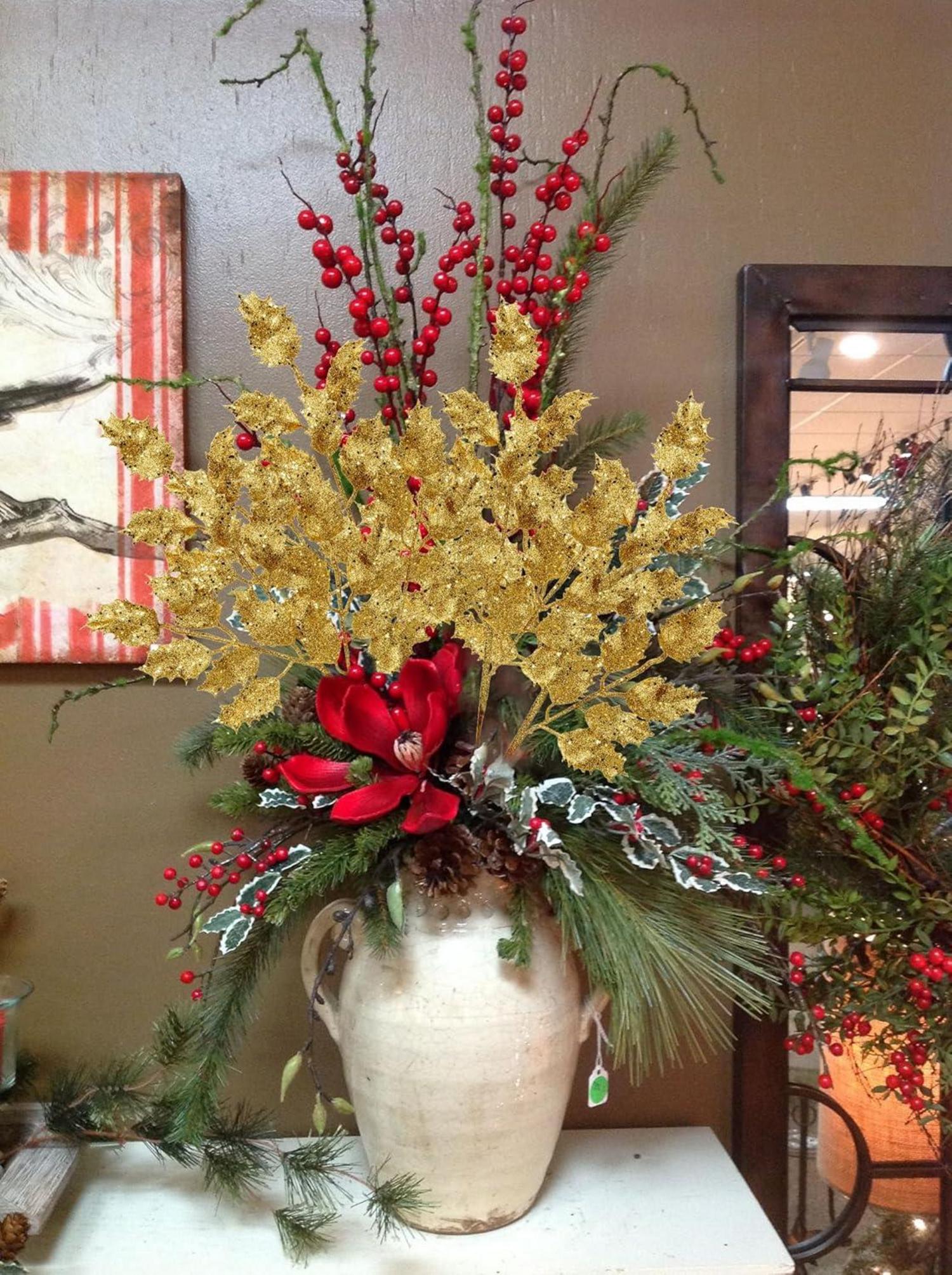 6er Set Weihnachtsdeko Kunstzweig Glitzernde Eichenblätter 58CM Gold