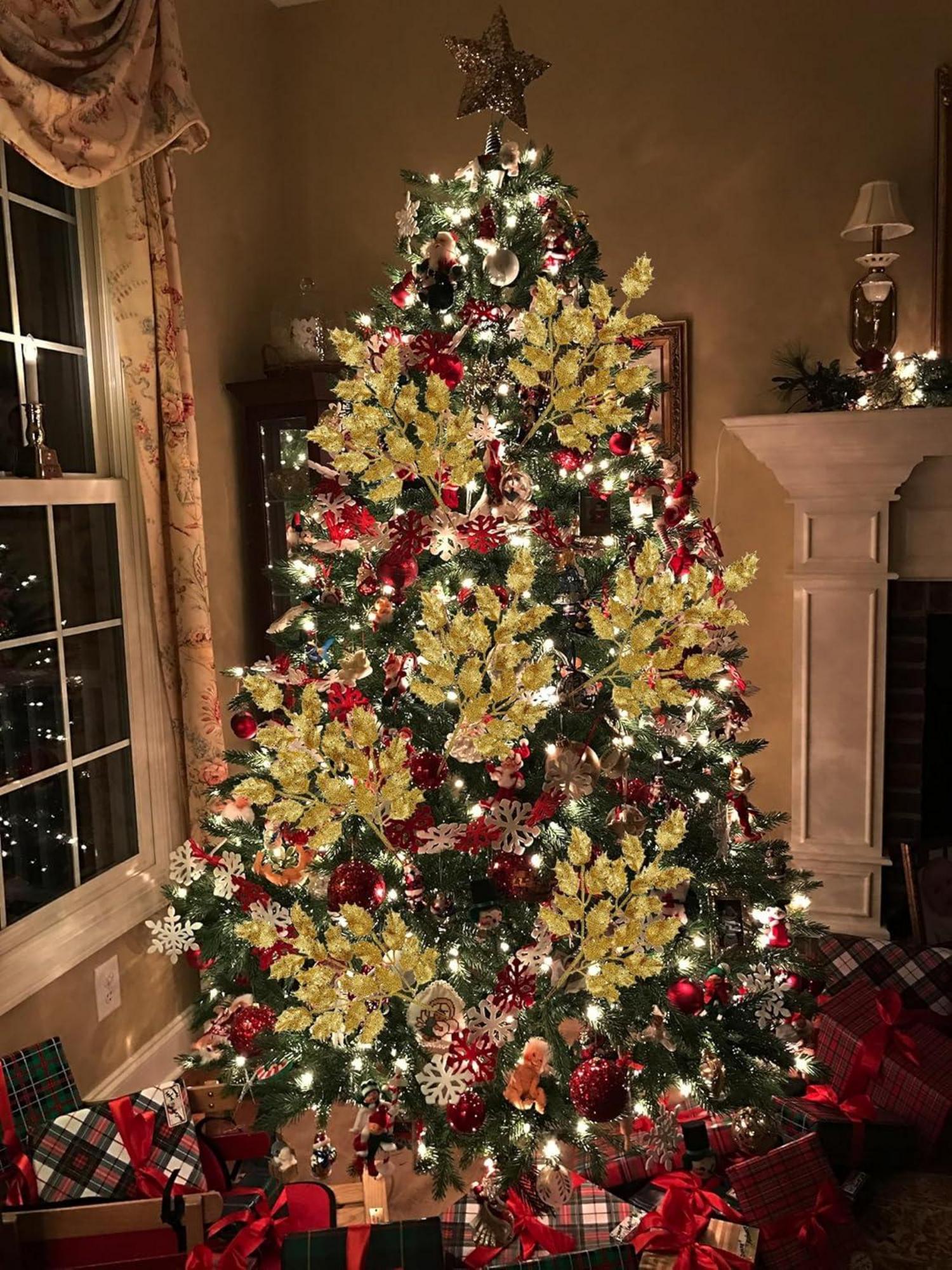 6er Set Weihnachtsdeko Kunstzweig Glitzernde Eichenblätter 58CM Gold