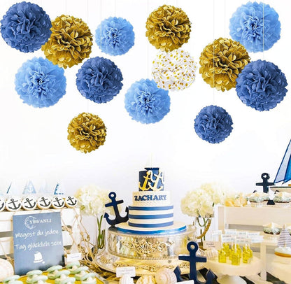 Pompons Deko Set in Ozeanblau und Gold, 13 Stück Hochwertige Partydeko