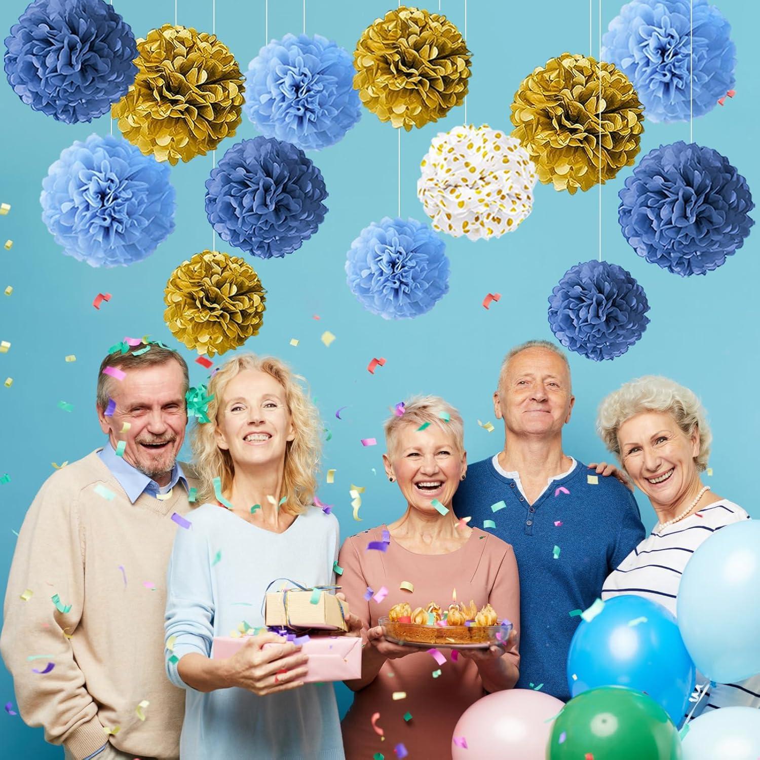 13 Stück Deko Pompons Lampions Hochzeit Einschulung Gold Blau