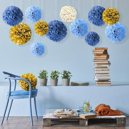 Pompons Deko Seidenpapier Lampions Hochzeit Einschulung Gold Blau