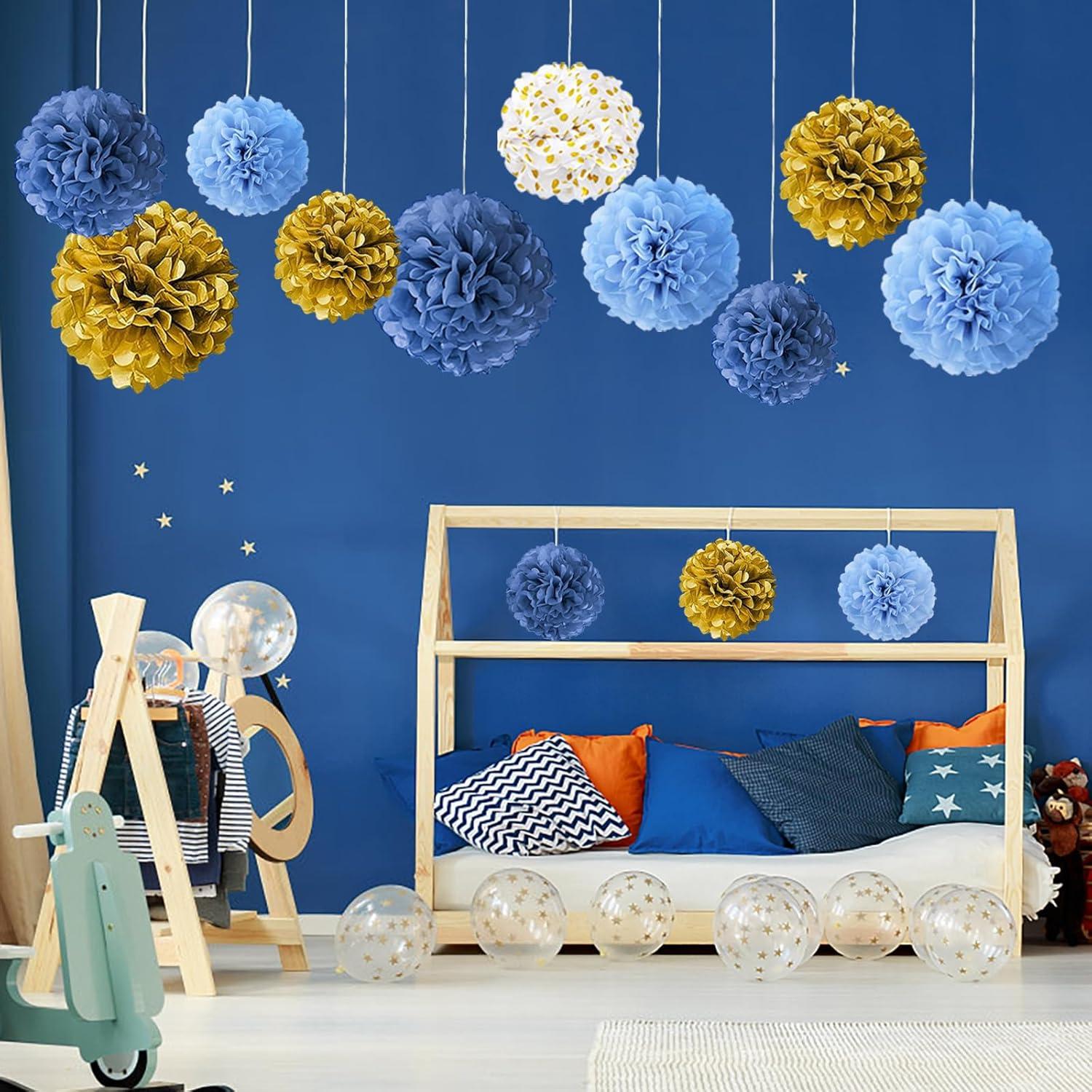13 Stück Deko Pompons Lampions Hochzeit Einschulung Gold Blau