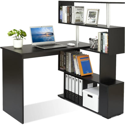 L-förmiger Computertisch mit drehbarem Bücherregal, Schwarz