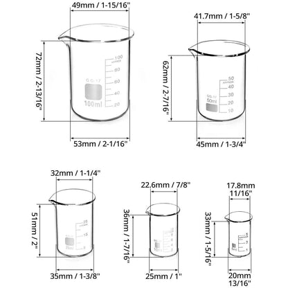 Abgestufte Glas Messbecher Set 5ml 10ml 25ml 50ml 100ml