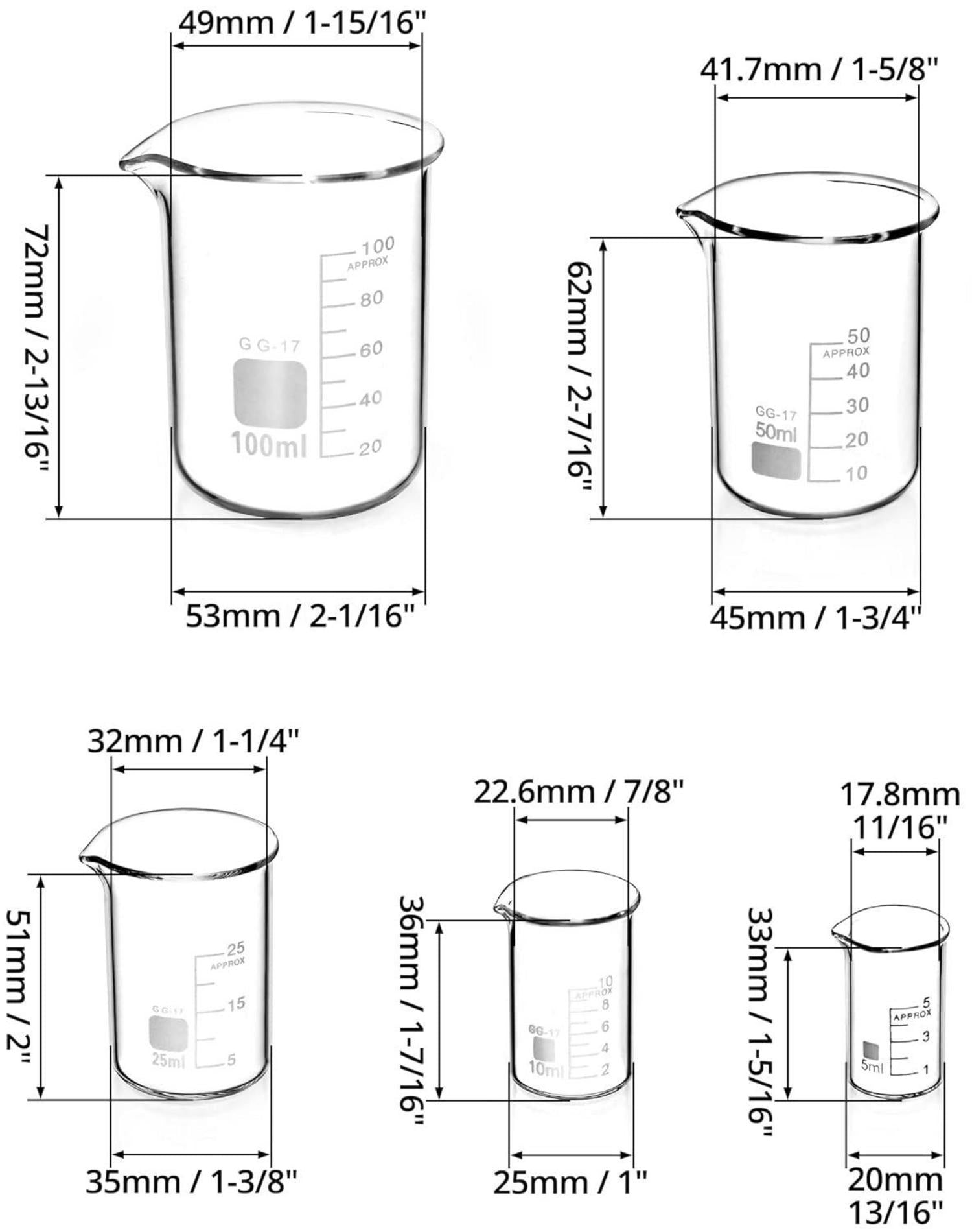Abgestufte Messbecher Glas Set 5ml 10ml 25ml 50ml 100ml Labor Küche