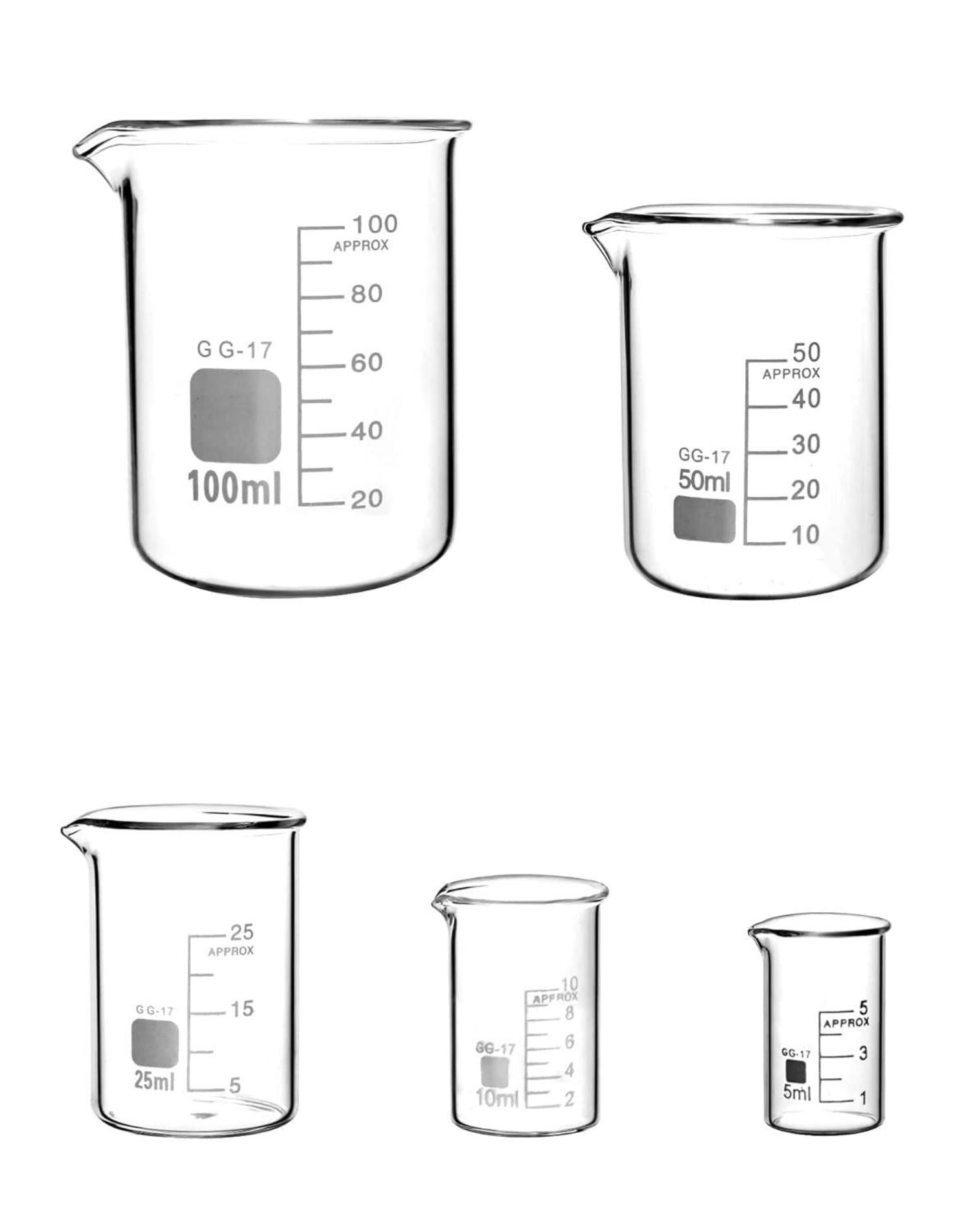 Messbecher Glas 5ml 10ml 25ml 50ml 100ml Set Labor Küche QWORK® 5stk