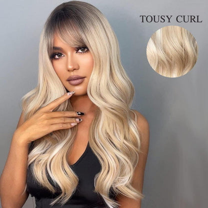 Ombre Blonde Perücke mit Pony Natürliche Synthetische Haare Hitzebeständig Cosplay Tragen, 048