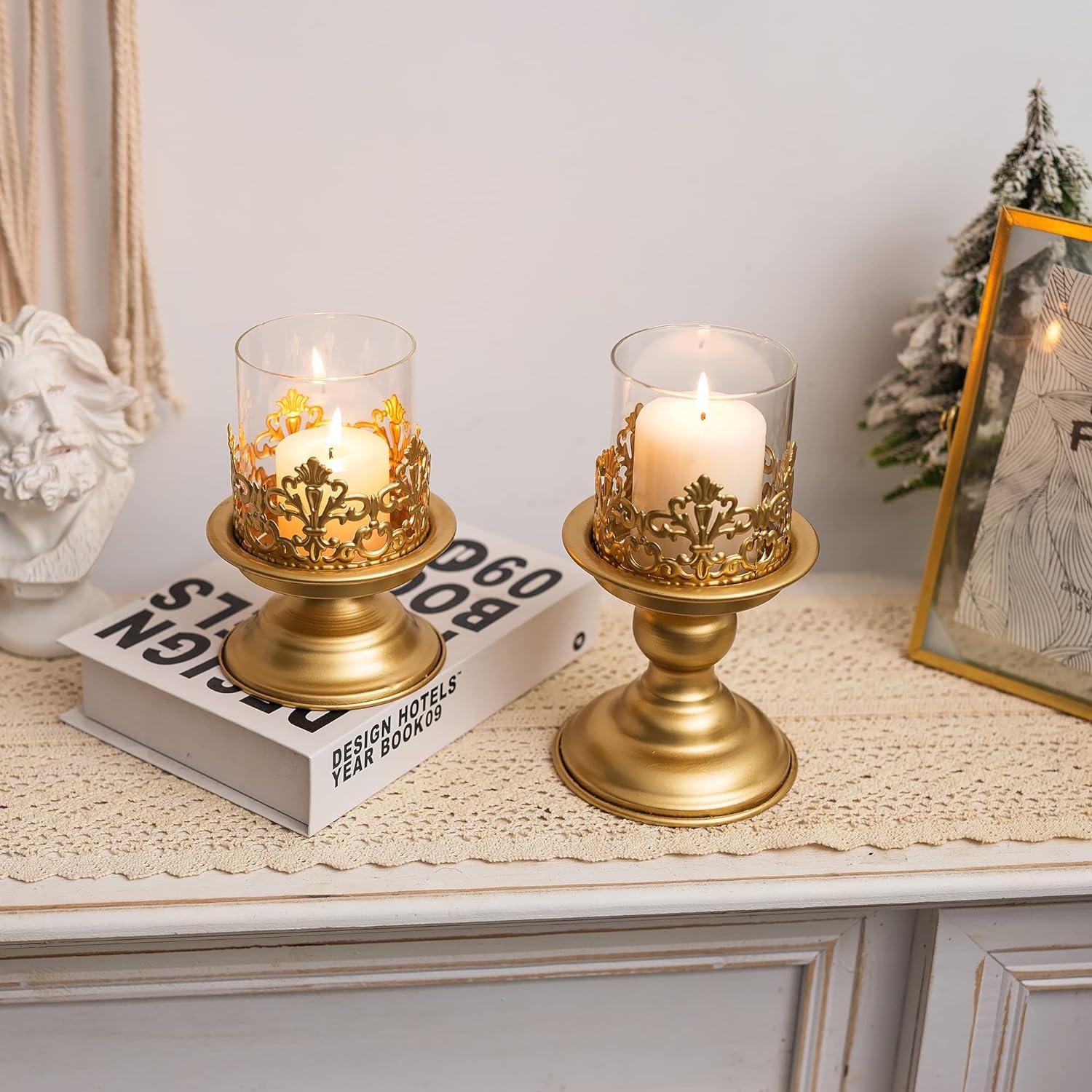 Moderne Goldene Kerzenständer für Stumpenkerzen - Metall Kerzenhalter Set - 2 Stück