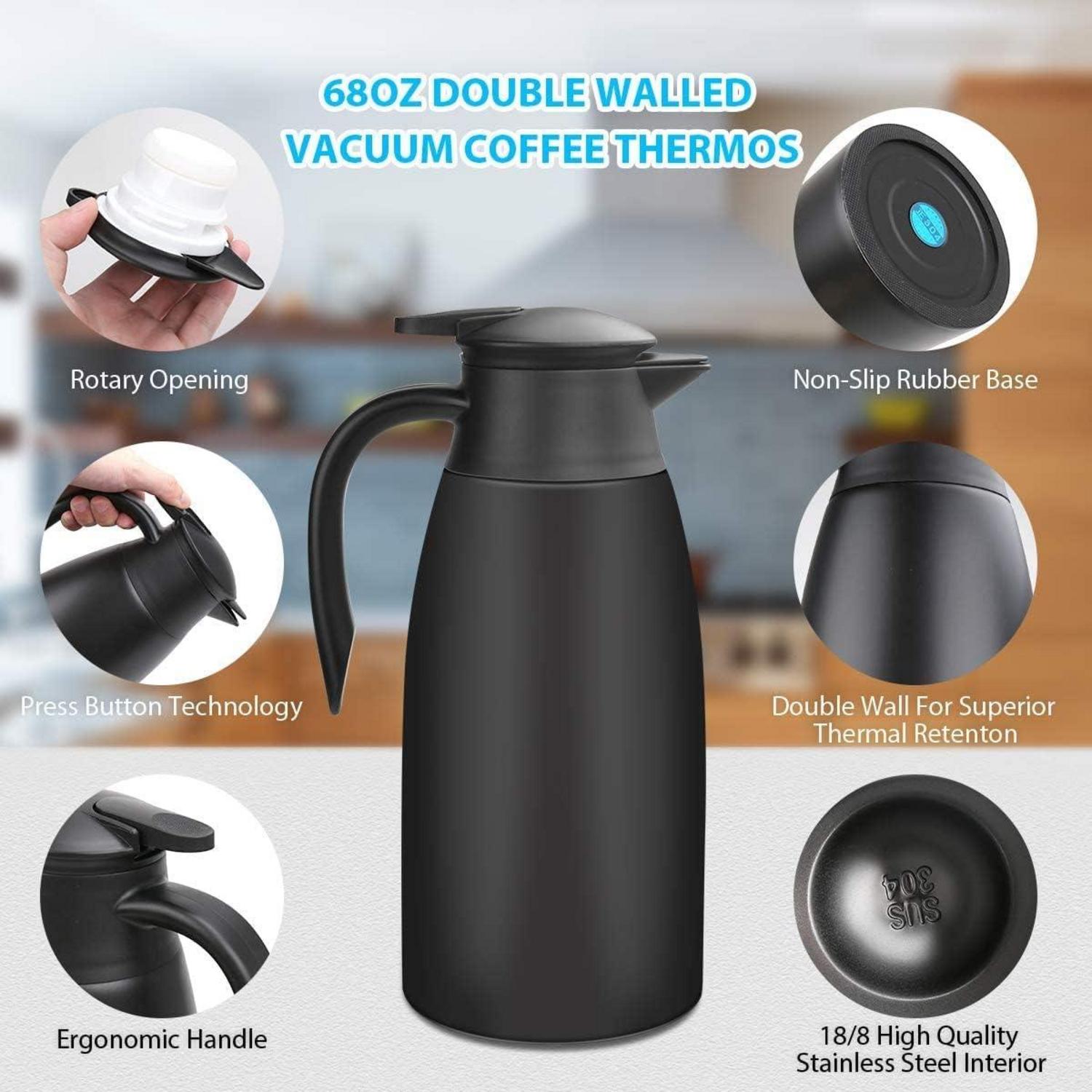 Thermoskannen 2L Edelstahl Isolierkanne Quick Tip Kaffee Tee Schwarz