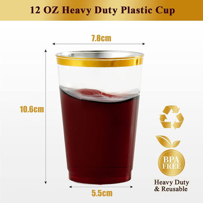 50 Stück Plastikbecher mit Goldrand 360ml - Elegante Party Weingläser
