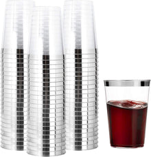 50er Set Silberrand Plastikbecher 360ml transparent