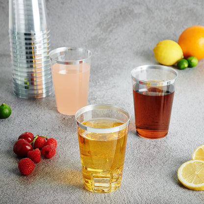 Plastikbecher mit Silberrand 50 Stück 360ml, wiederverwendbar, elegant