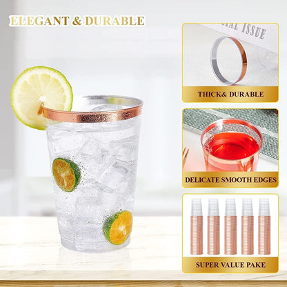 50x Plastikbecher mit Roségoldrand 360ml, wiederverwendbare