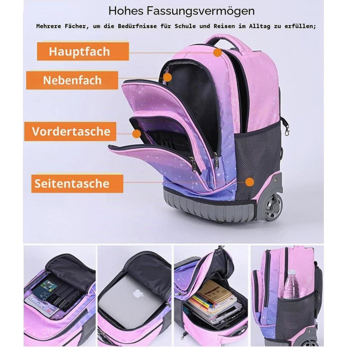 Trolley Rucksack mit Rollen – Wasserdichter Kinder Schulranzen Pink Lila