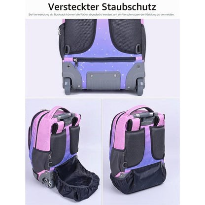 Trolley Rucksack mit Rollen – Wasserdichter Kinder Schulranzen Pink Lila
