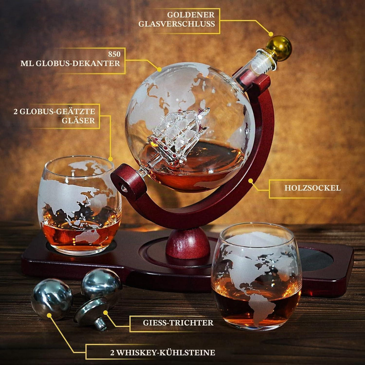 Globus Whiskey Dekanter Set mit Gläsern & Kugelsteinen