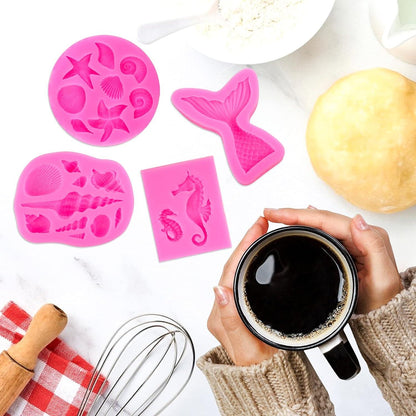 Meerjungfrau 3D Silikonformen Set Schwanz Muschel Seepferdchen für Fondant