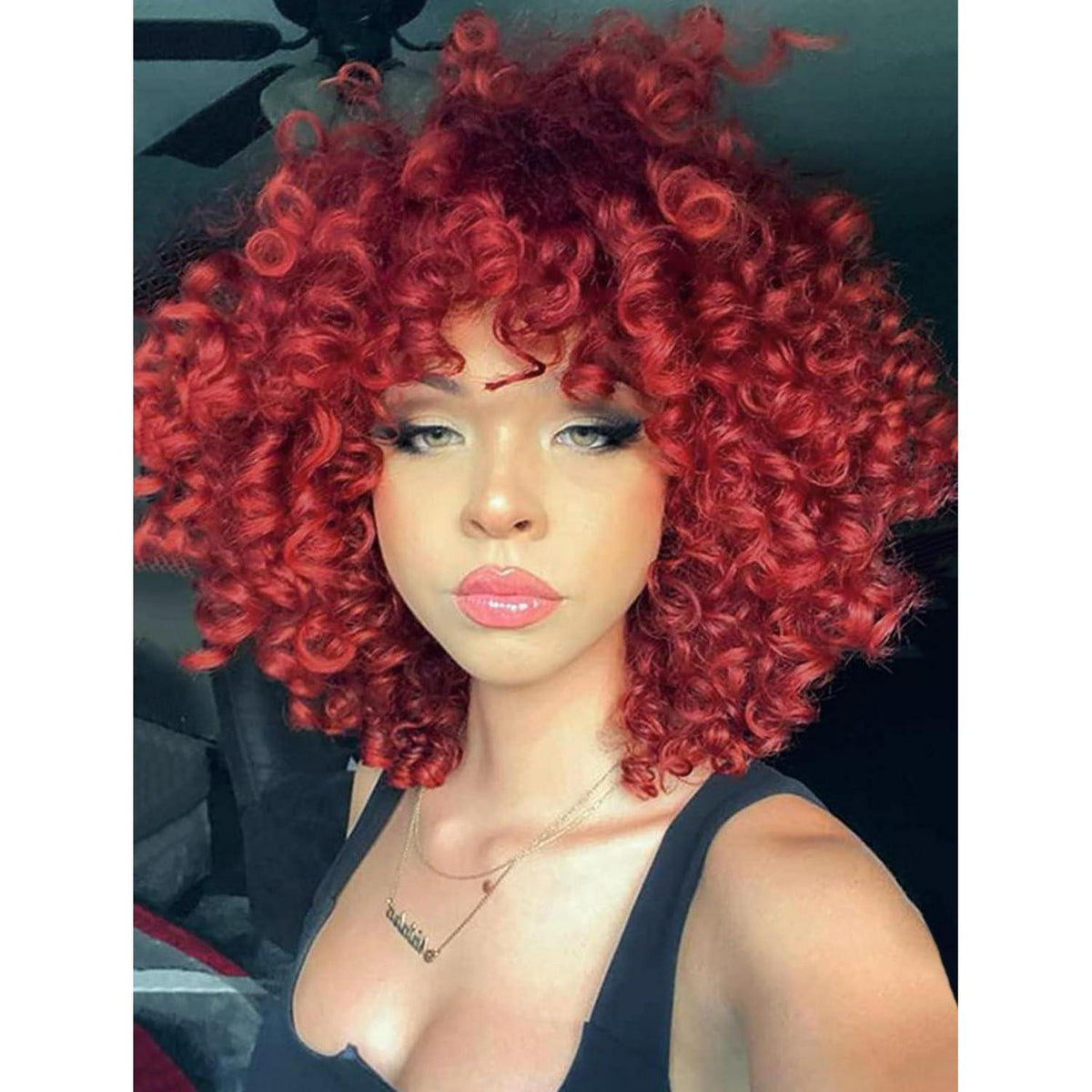 Rote Afro Locken Perücke mit Pony – Kurz & Natürlich