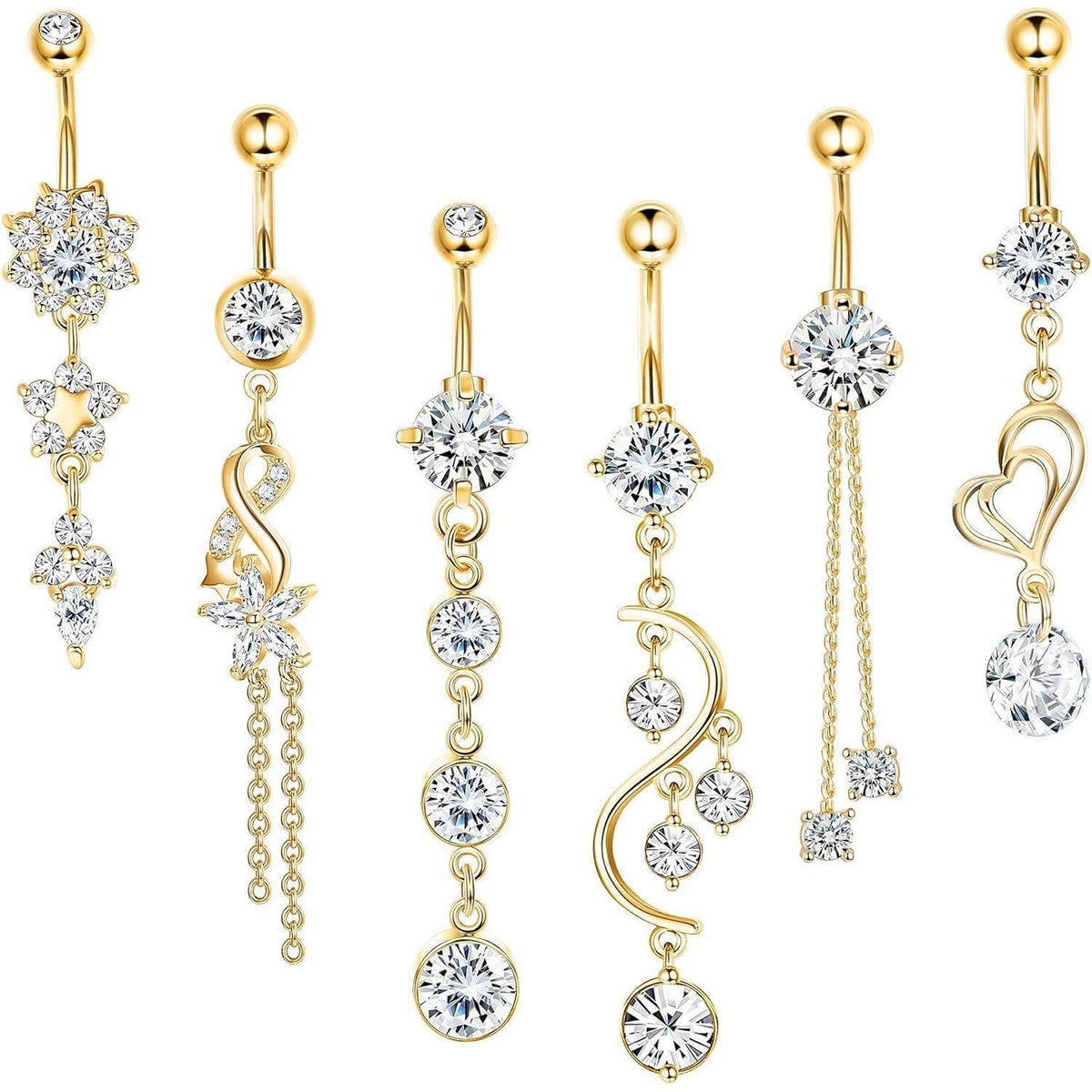 Bauchnabelpiercing Set 6 Stück 14G Chirurgenstahl mit Zirkonia Gold