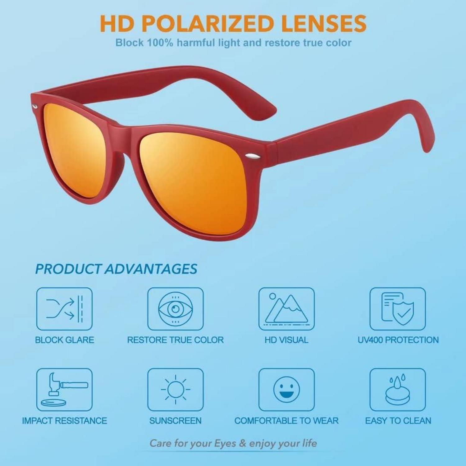 LINVO Sonnenbrille Polarisiert Retro Stil Vintage UV400 Cat 3 Mattroter Rahmen Orange Linse