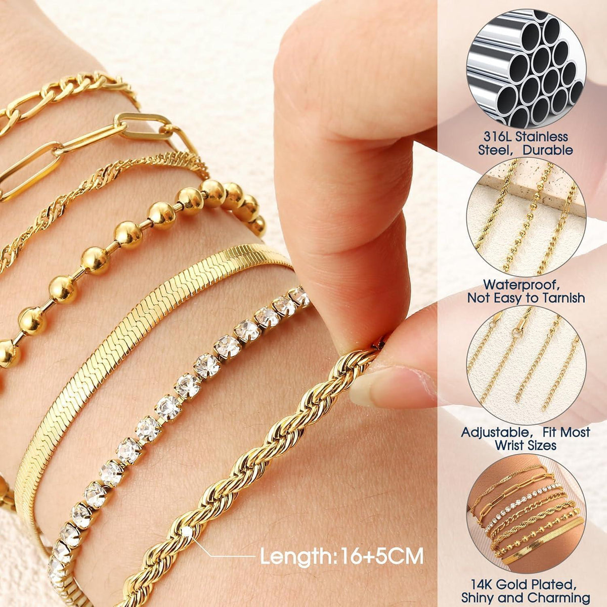 7er Set Damen Armbänder | Vergoldet & Verstellbar | Modeschmuck