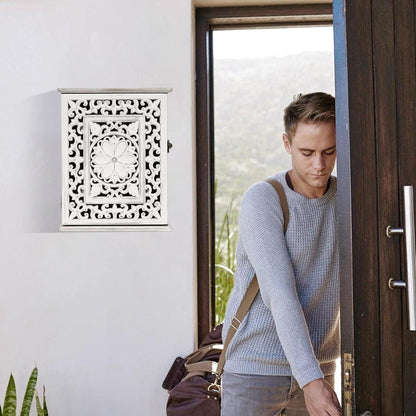 Schlüsselkasten Holz Aushöhlung, 6 Haken, Vintage Weiß 27x21x7cm