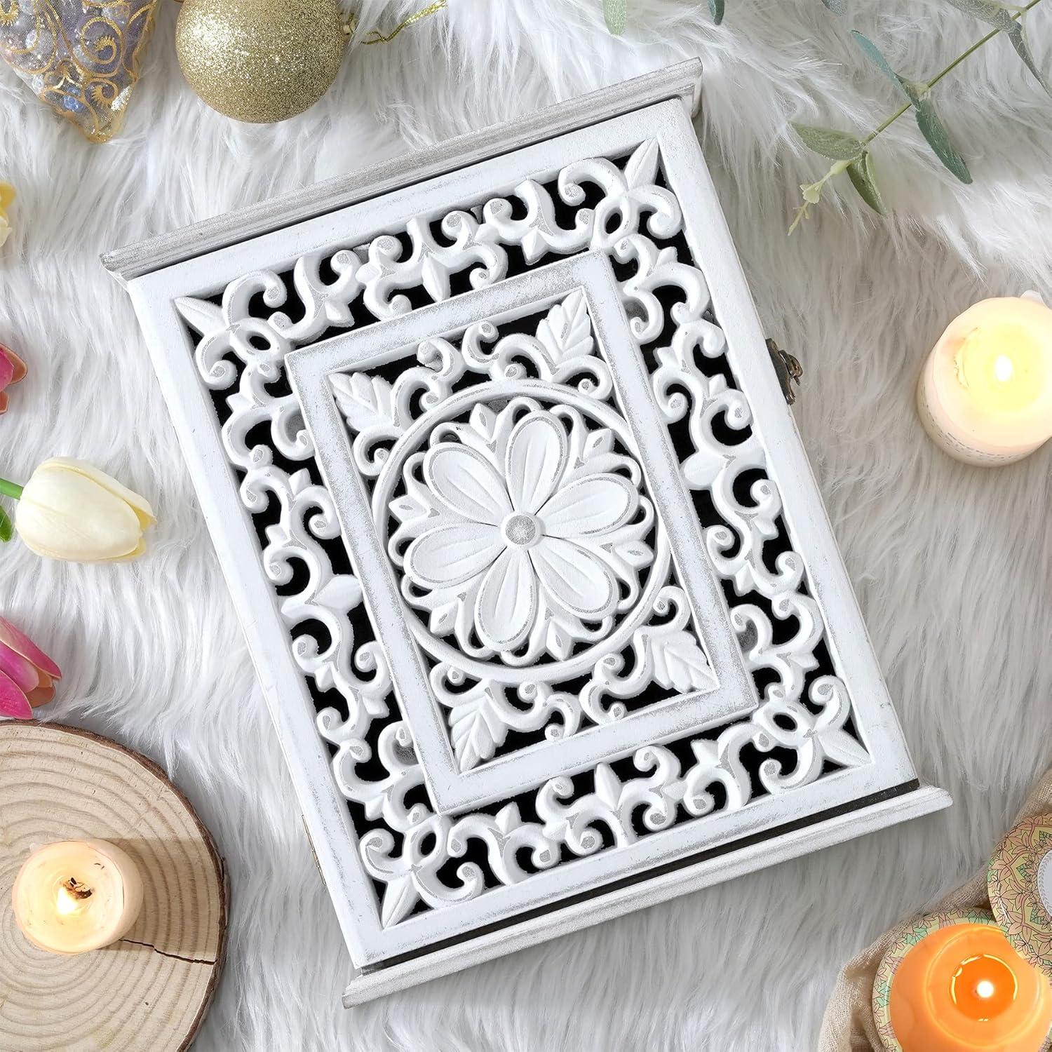 Schlüsselkasten Holz Aushöhlung, 6 Haken, Vintage Weiß 27x21x7cm