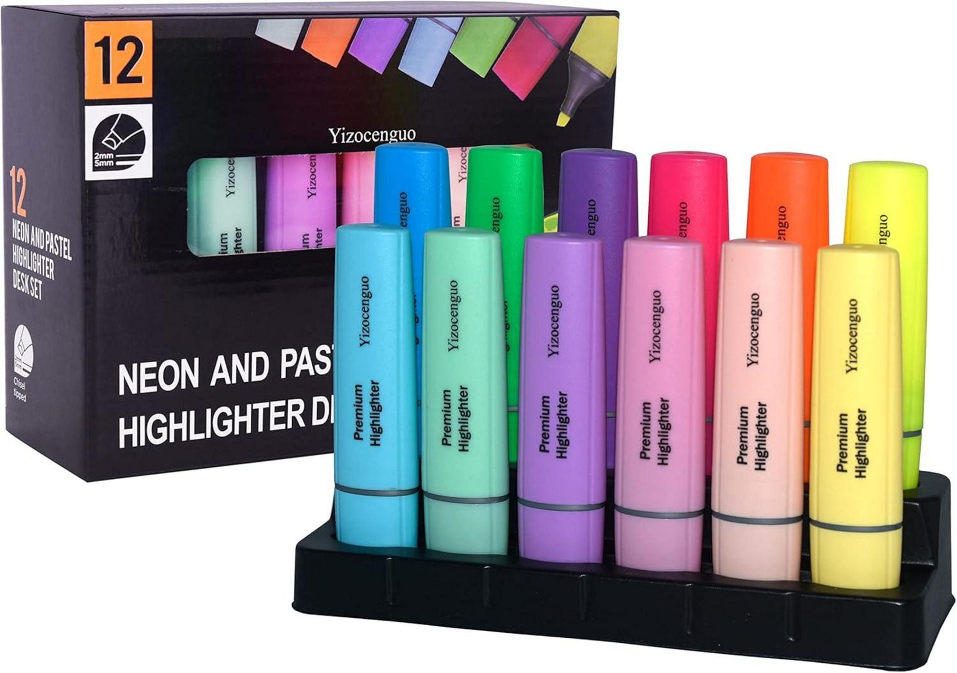 Textmarker Set: Pastell & Leuchtend, 12 Stück mit Keilspitze & Base