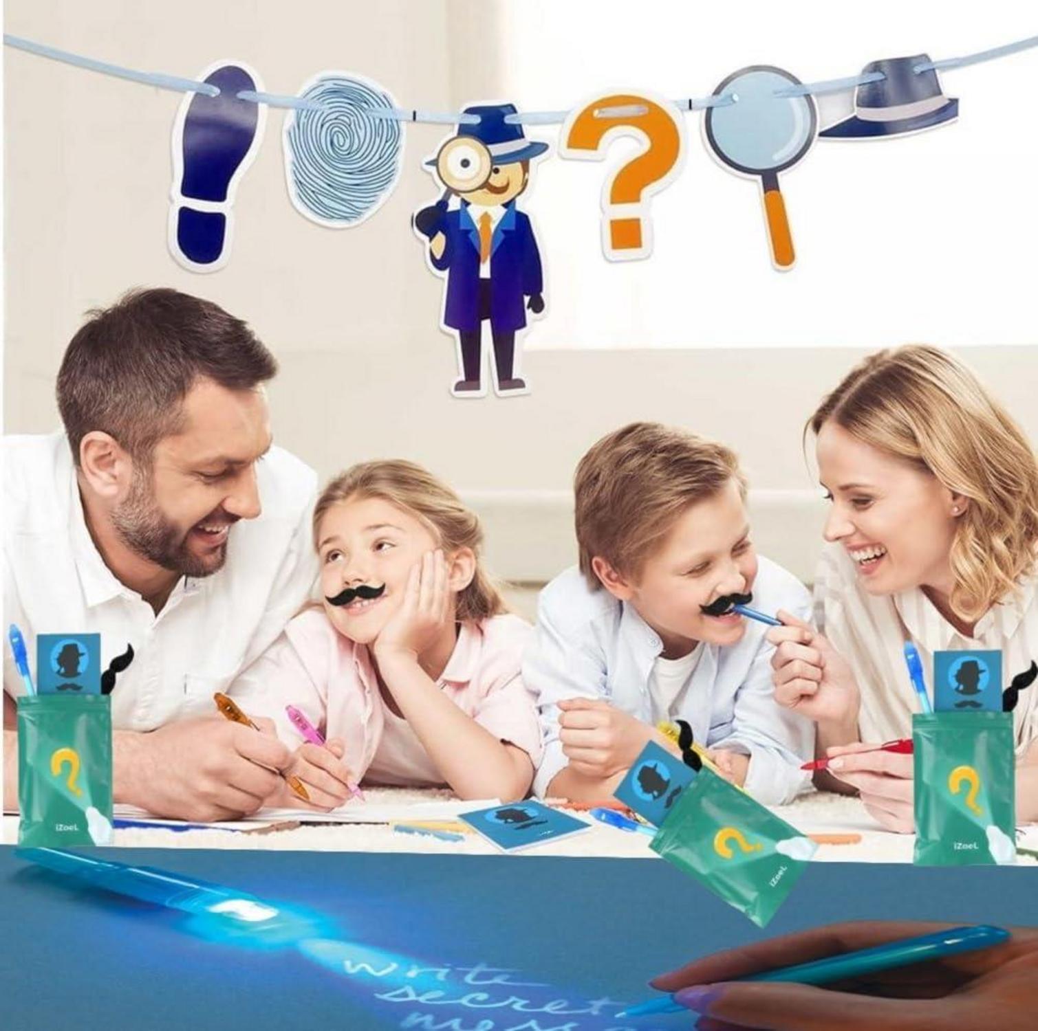 Detektiv UV Stifte 18er Set mit Notizblöcken und Bärten