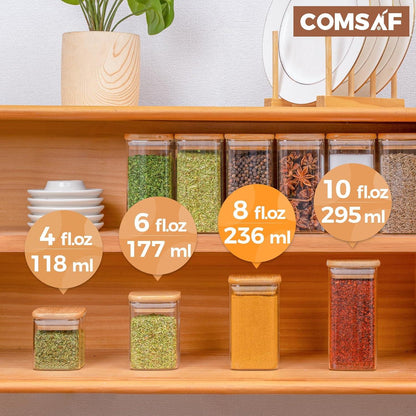Gewürzgläser mit Bambusdeckel, 250ml, 12 Stück, mit Etiketten