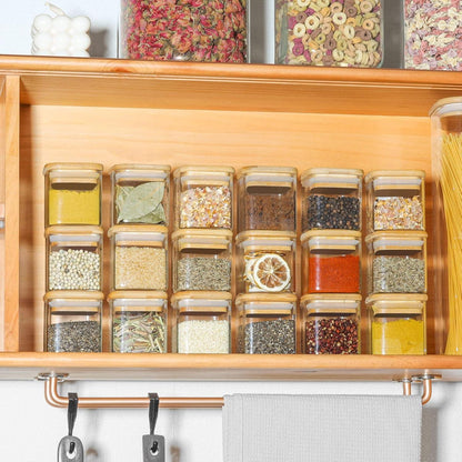 12er Set Eckige Gewürzgläser 120ml mit Holzdeckel und Etiketten