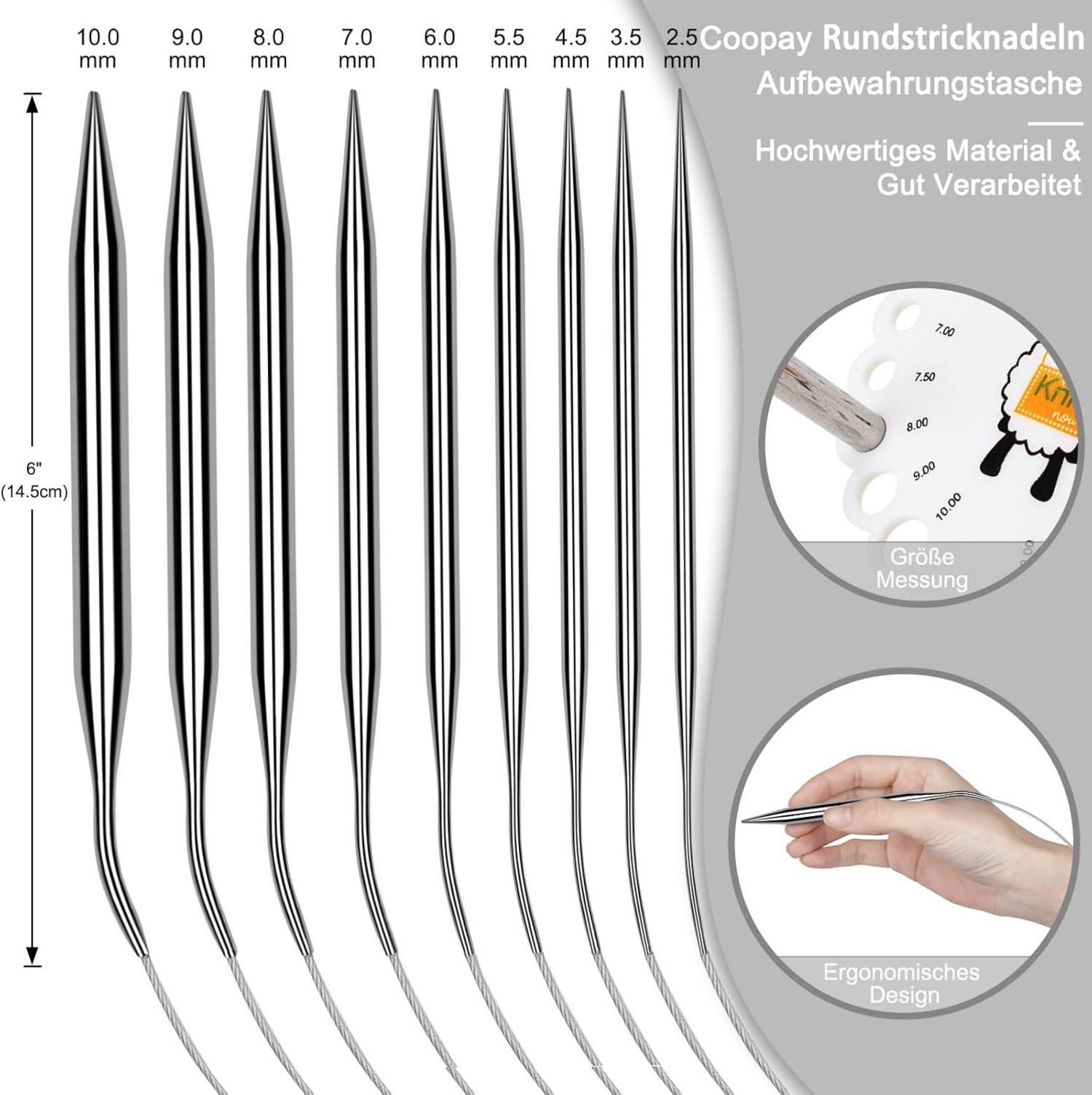 Edelstahl Rundstricknadel Set 80cm, 9 Stück mit Tasche
