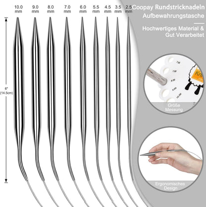 Edelstahl Rundstricknadel Set 80cm, 9 Stück mit Tasche