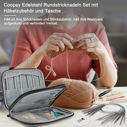 Edelstahl Rundstricknadel Set 9 Stück 80 cm mit Tasche & Zubehör